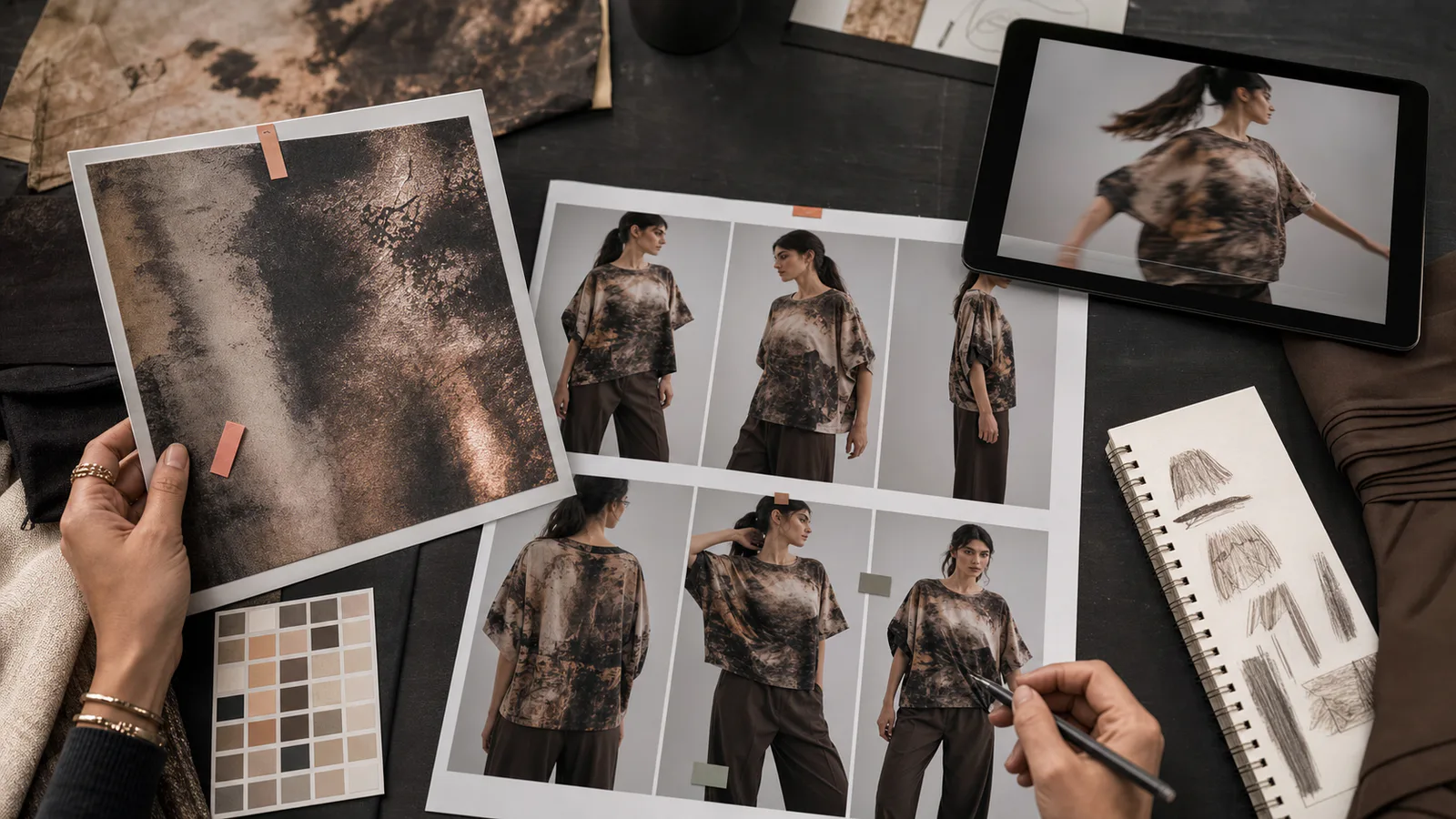 A design review comparing material detail, consistent try-on stills, and a motion frame