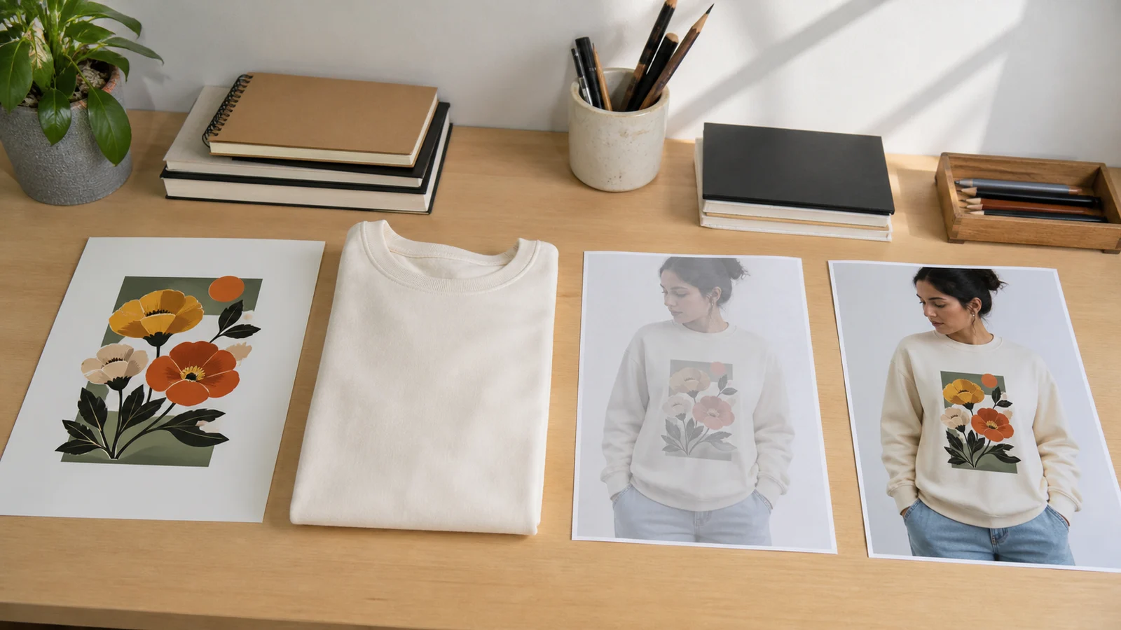 Original artwork and garment preserved beside a failed attempt and a completed preview