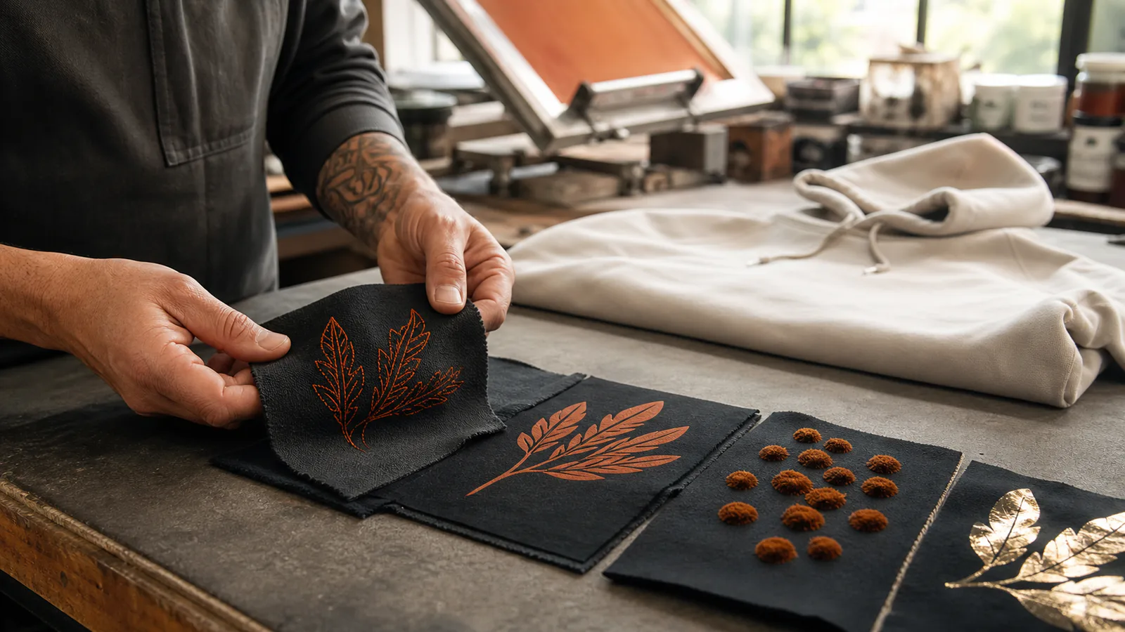 An artisan comparing stitched, printed, raised, flocked, and metallic textile samples