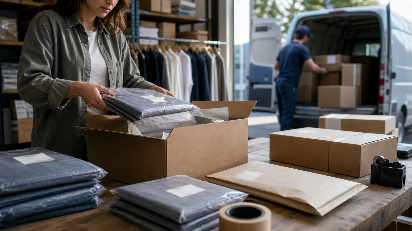 Finished custom garments moving from protective packing toward an international delivery handoff