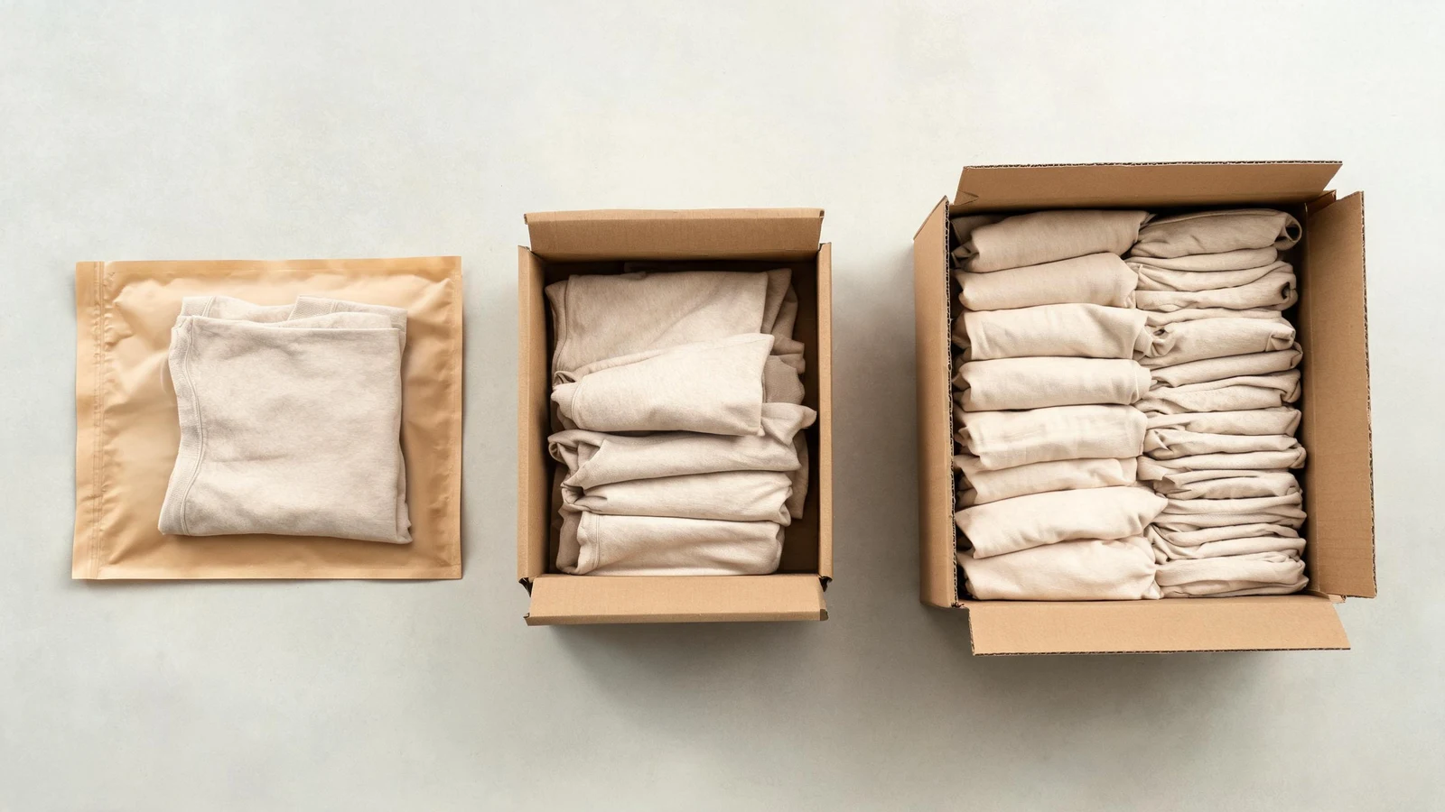 Three parcel configurations showing how packing changes size and density