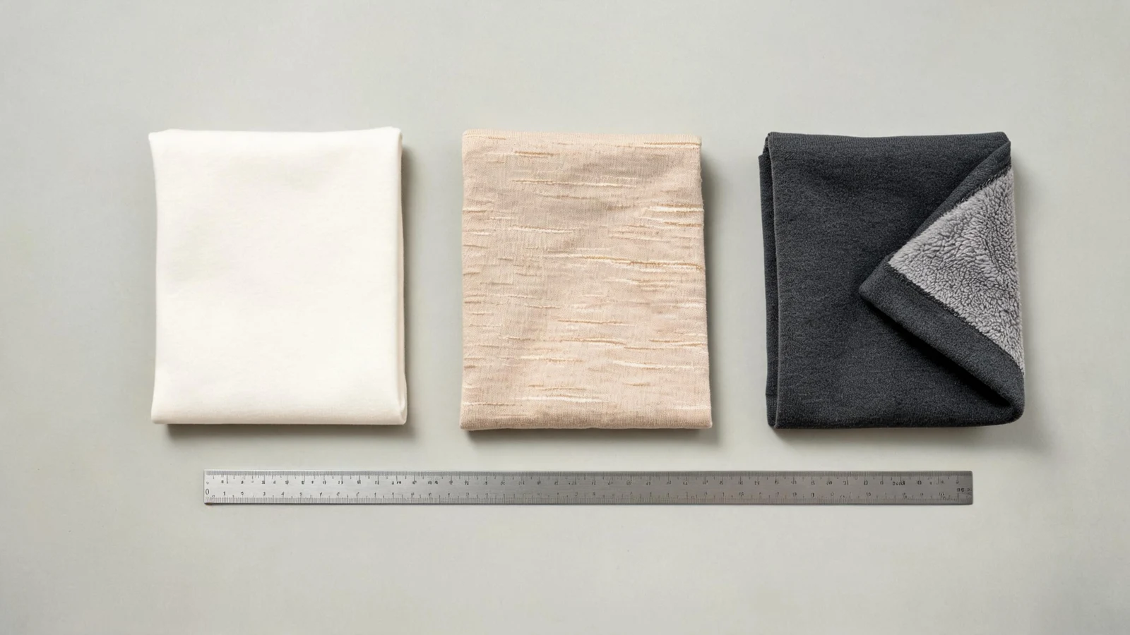 Three blank knit swatches compared side by side: fine jersey, slub jersey, and brushed loop-back fleece