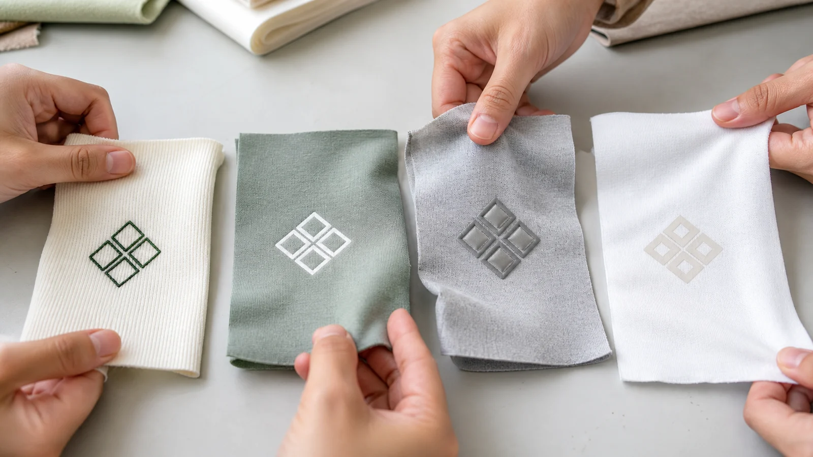 The same geometric motif rendered through different decoration techniques on fabric samples