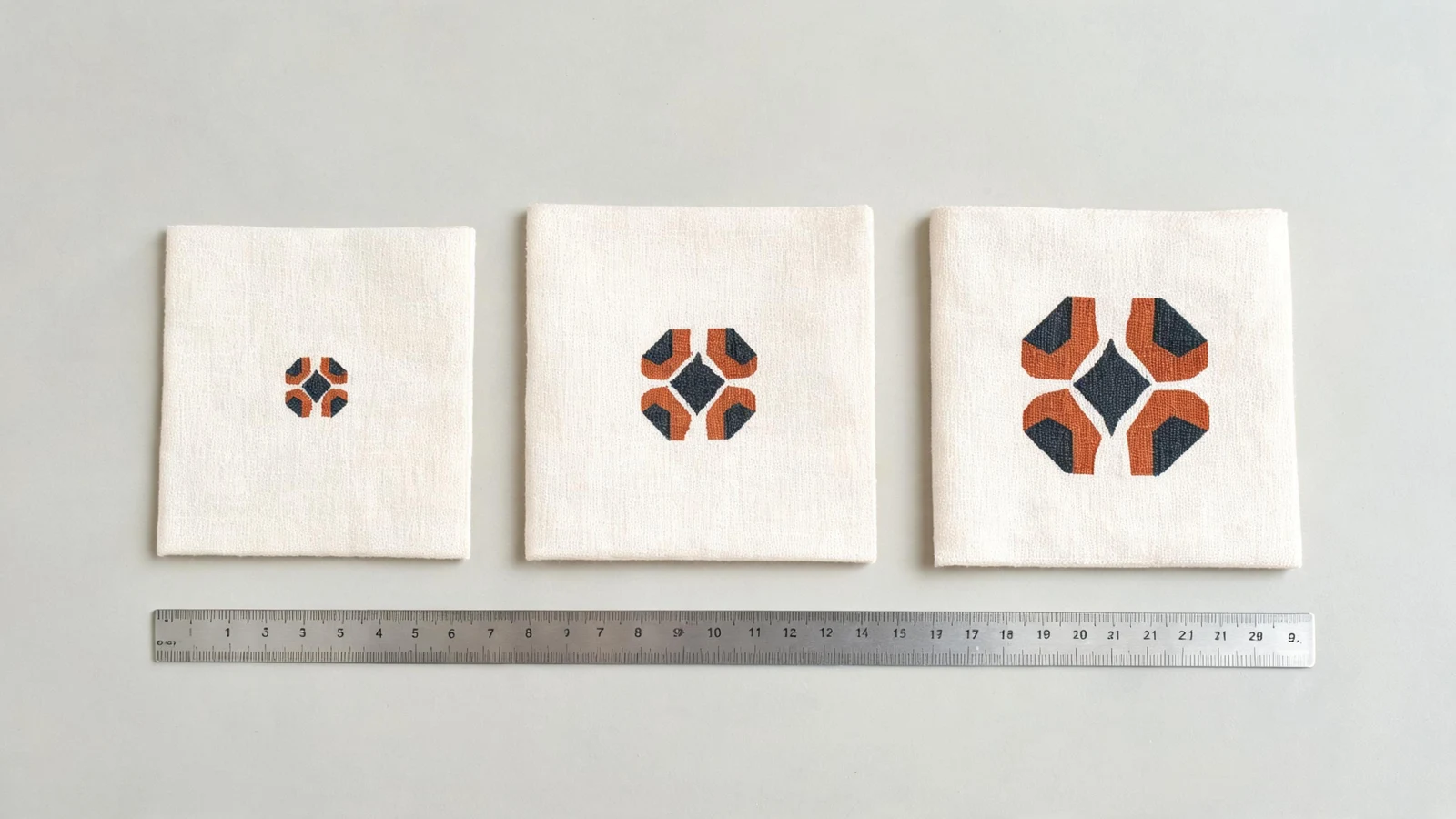 The same motif printed at three increasing sizes on cotton panels
