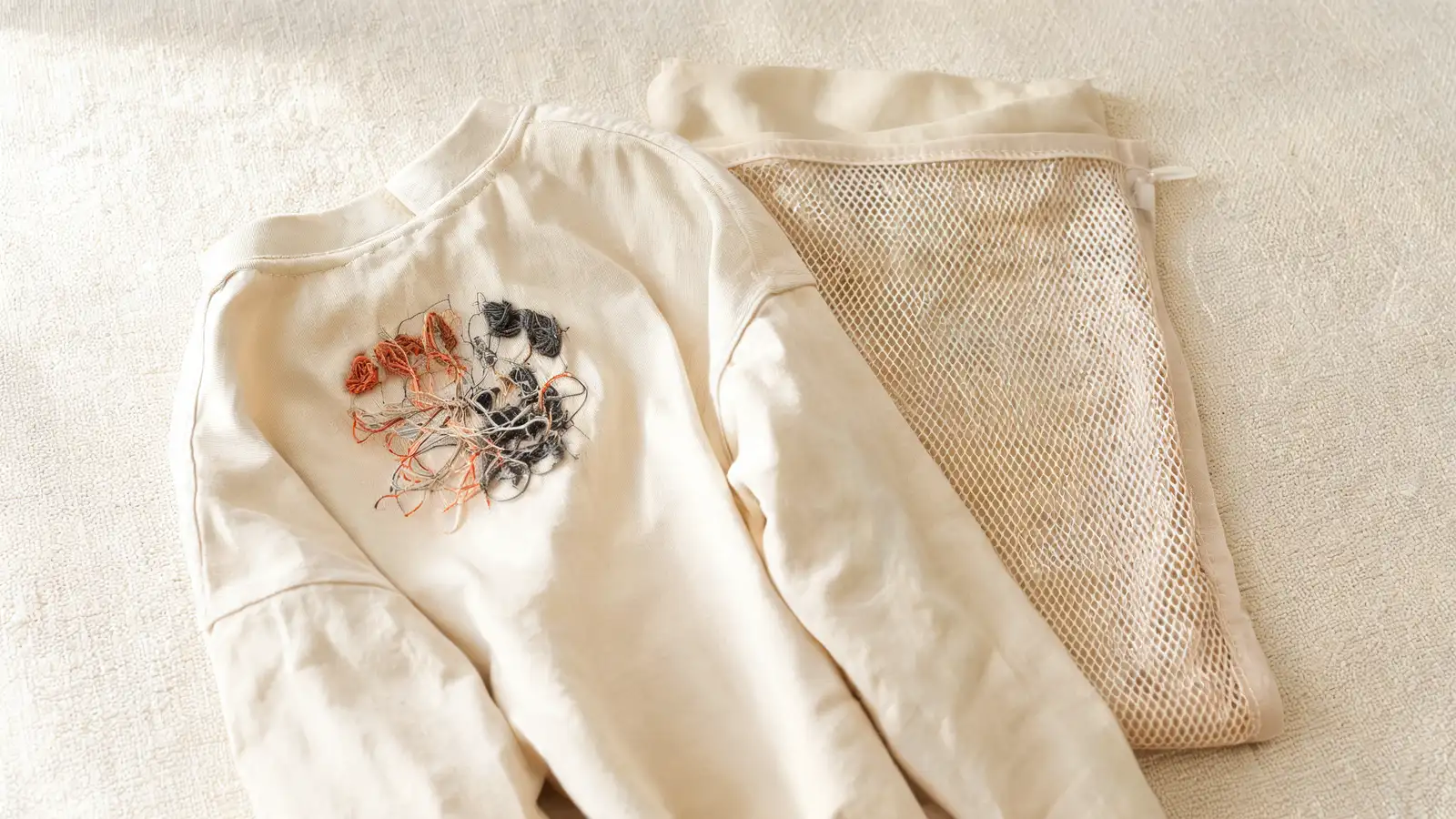 A garment turned inside out showing the reverse of an embroidered area beside a mesh laundry bag