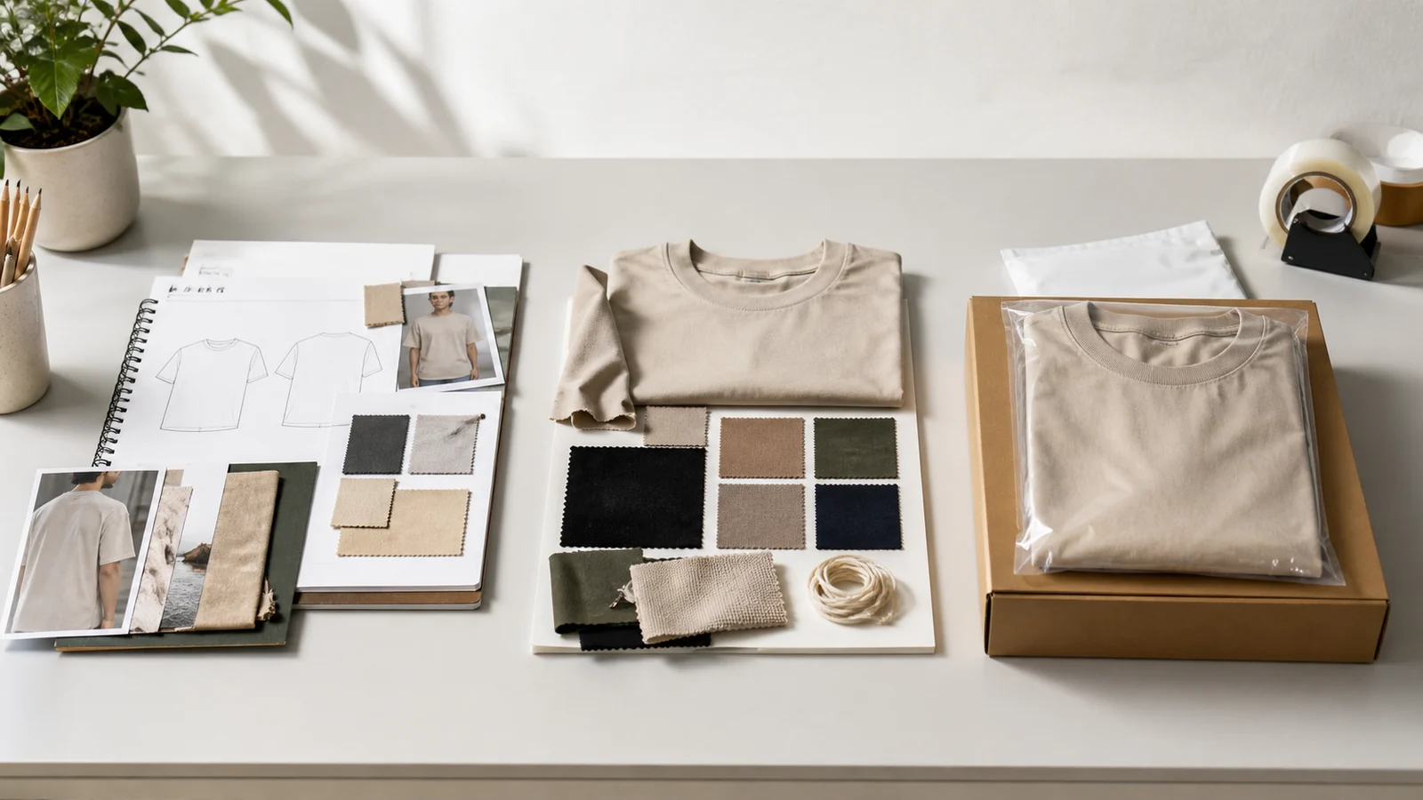 A design brief, scope review, and packed garment shown as three connected stages
