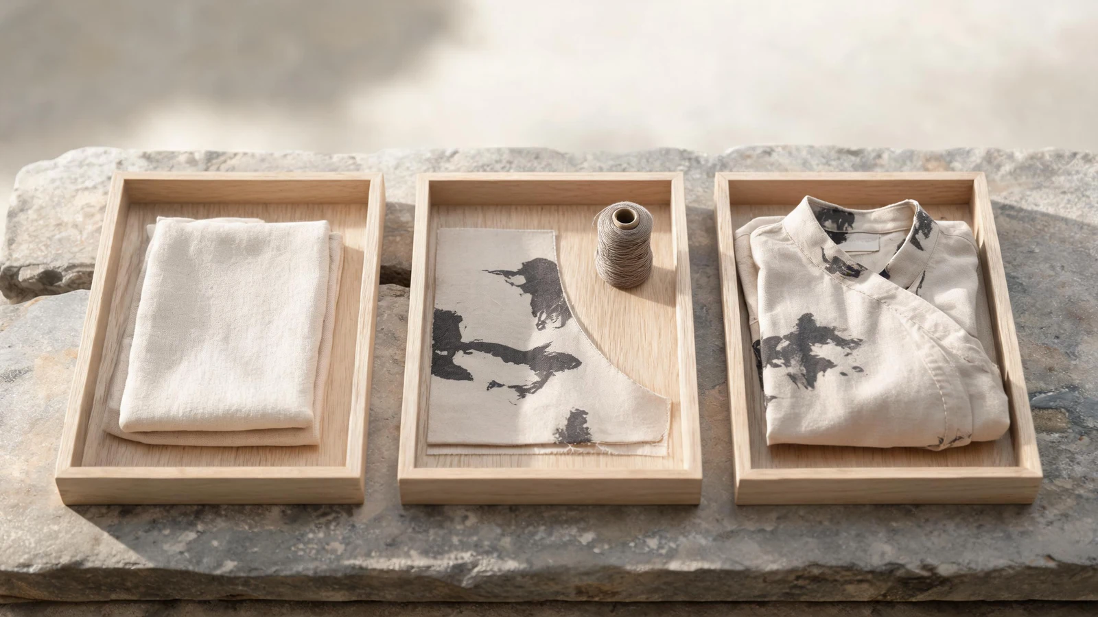Three trays showing a garment progressing from swatch to printed panel to finished piece