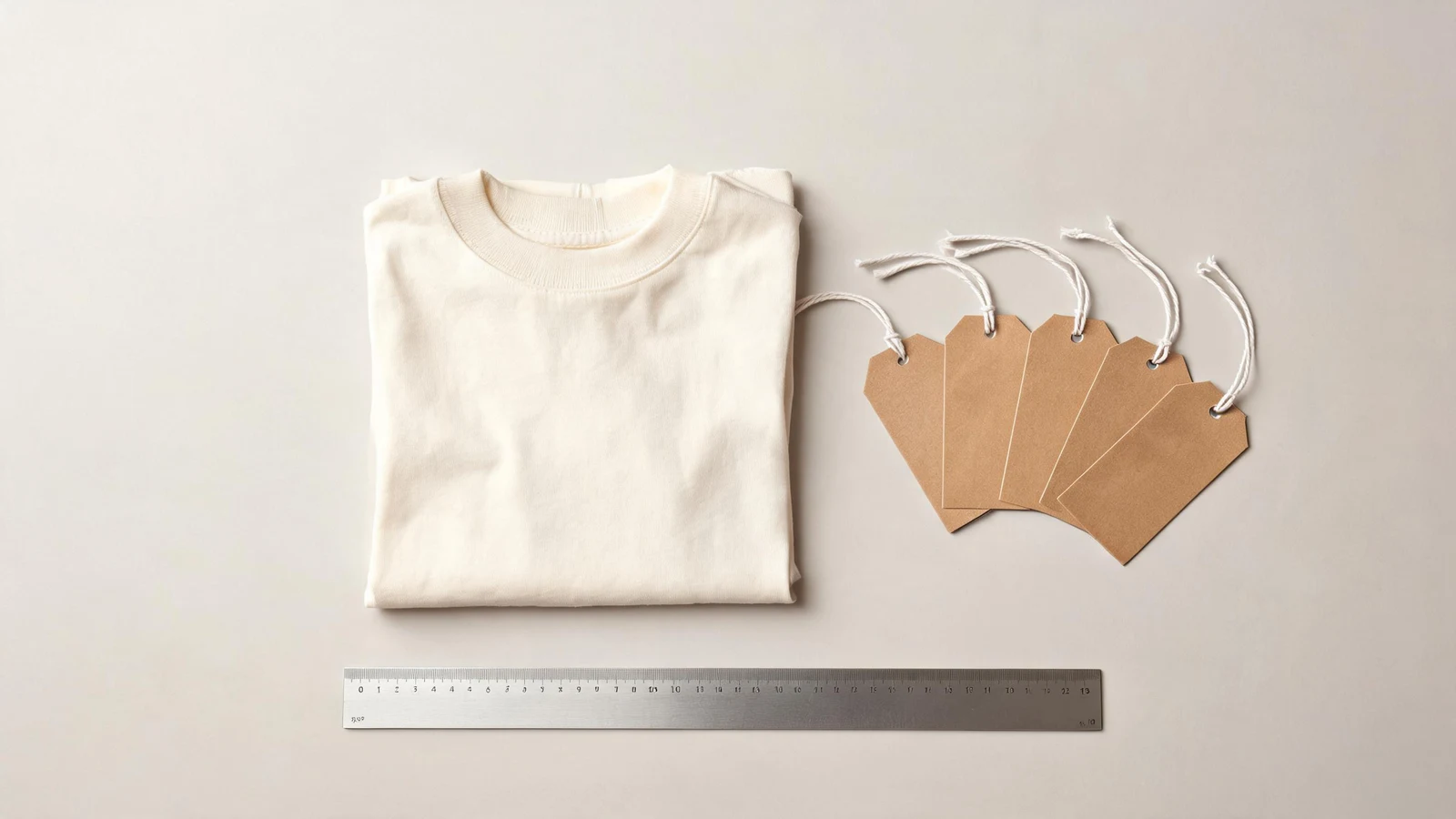 A folded garment with a fan of blank kraft hang tags