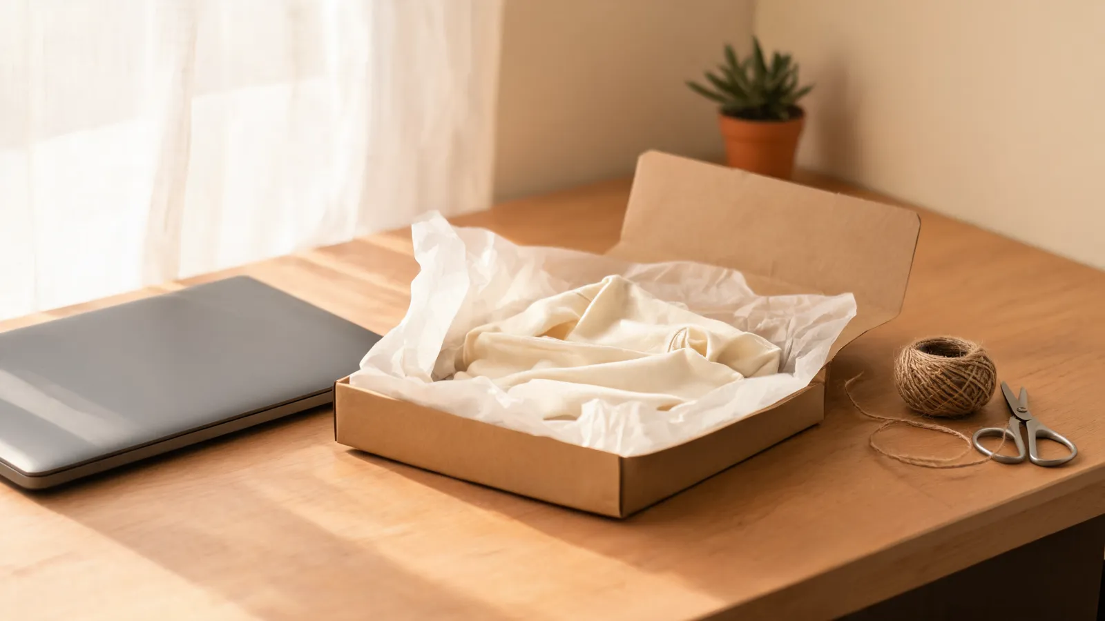 A tall stack of identical folded tees beside a single tissue-wrapped garment and one small parcel