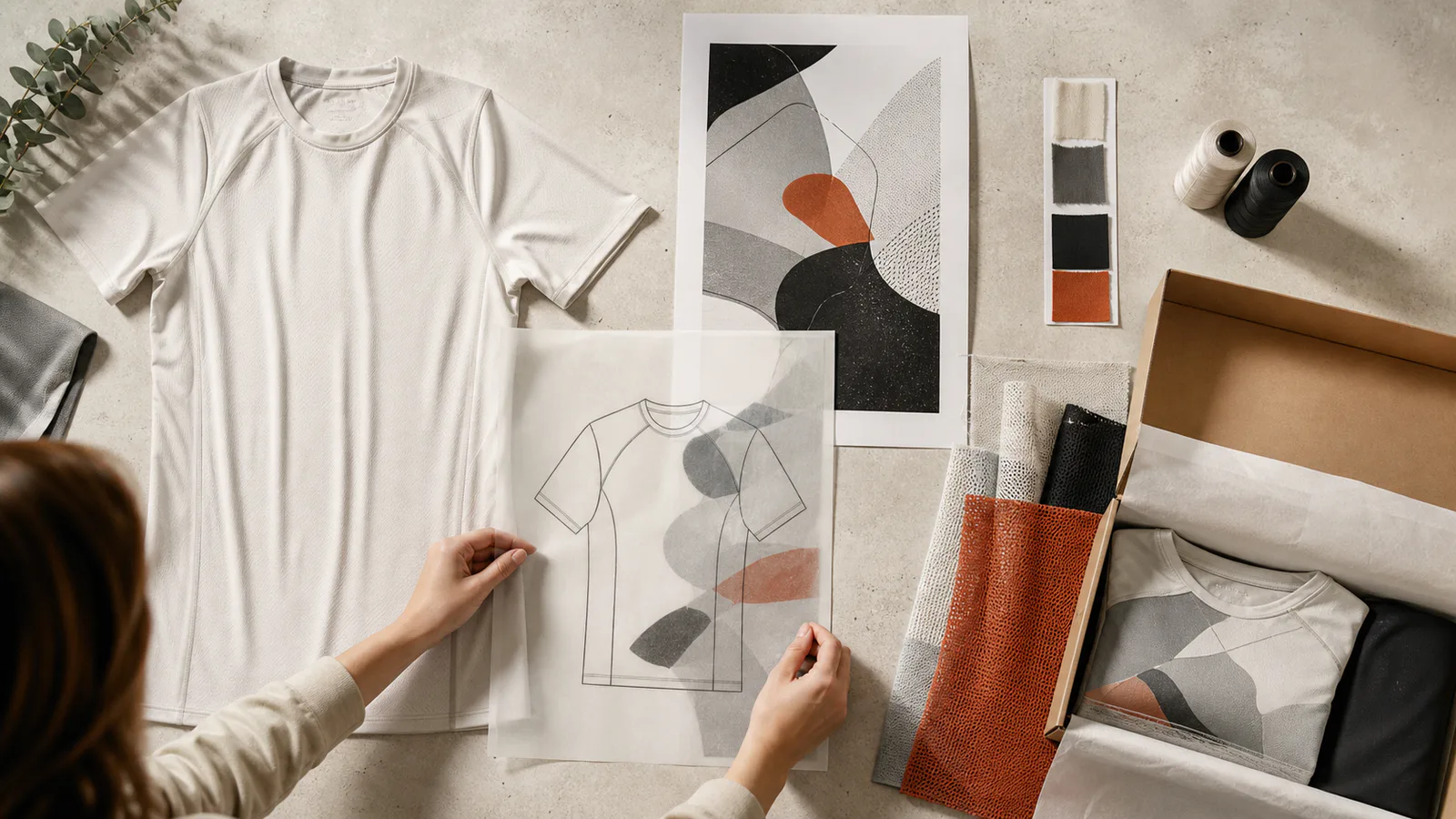 A custom apparel idea organized into product, artwork, material, and delivery inputs