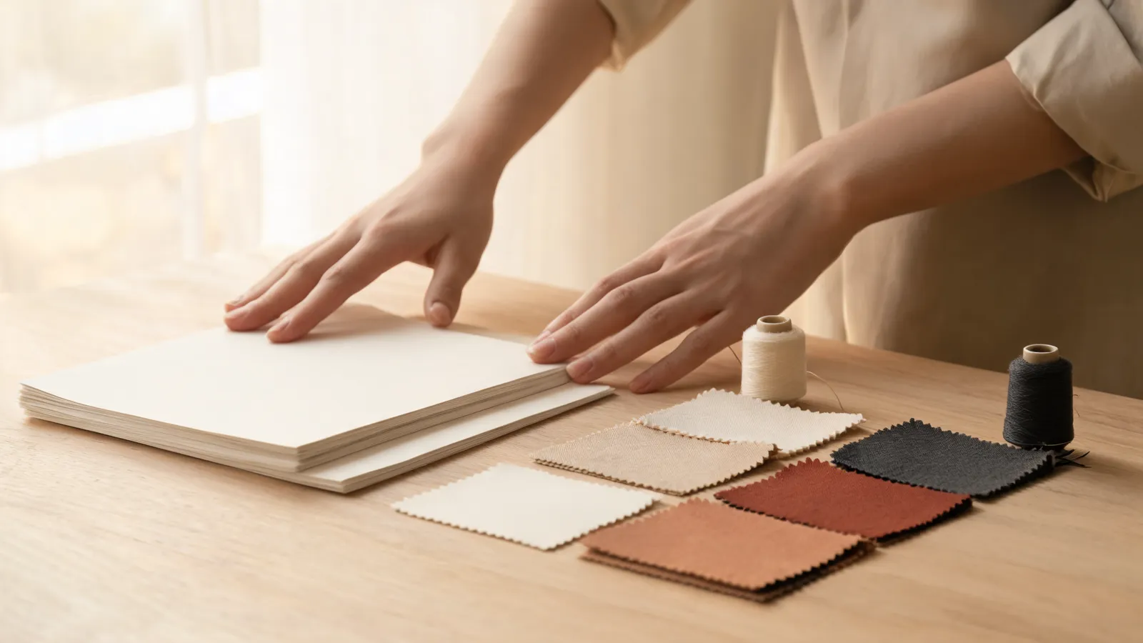 Reviewing printed quotation documents beside fabric samples on a studio desk