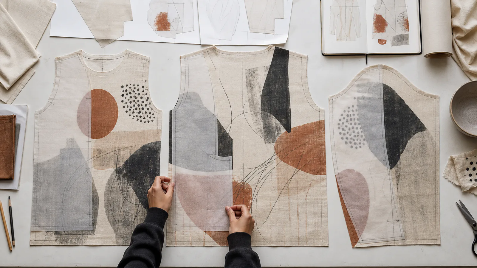 Front, back, and sleeve panels planned together with coordinated artwork and seam awareness