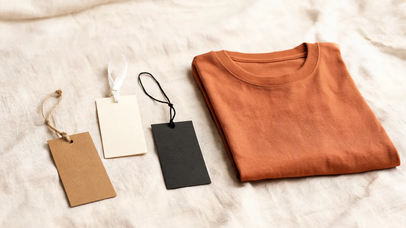Blank hang tags in kraft, ivory and charcoal card with different string styles beside a folded tee