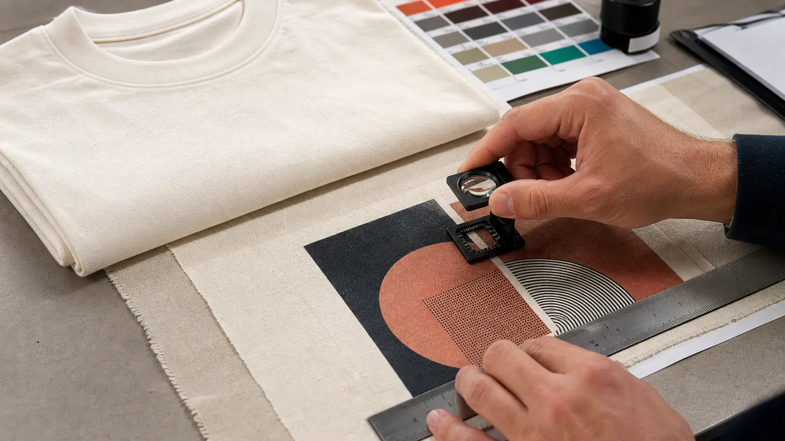 A print test being checked for edge quality, detail, color, and interaction with fabric