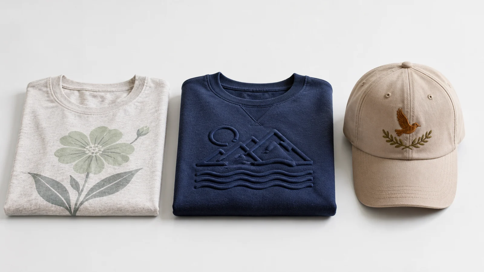 Light print on jersey, raised print on fleece, and embroidery on a structured cap panel
