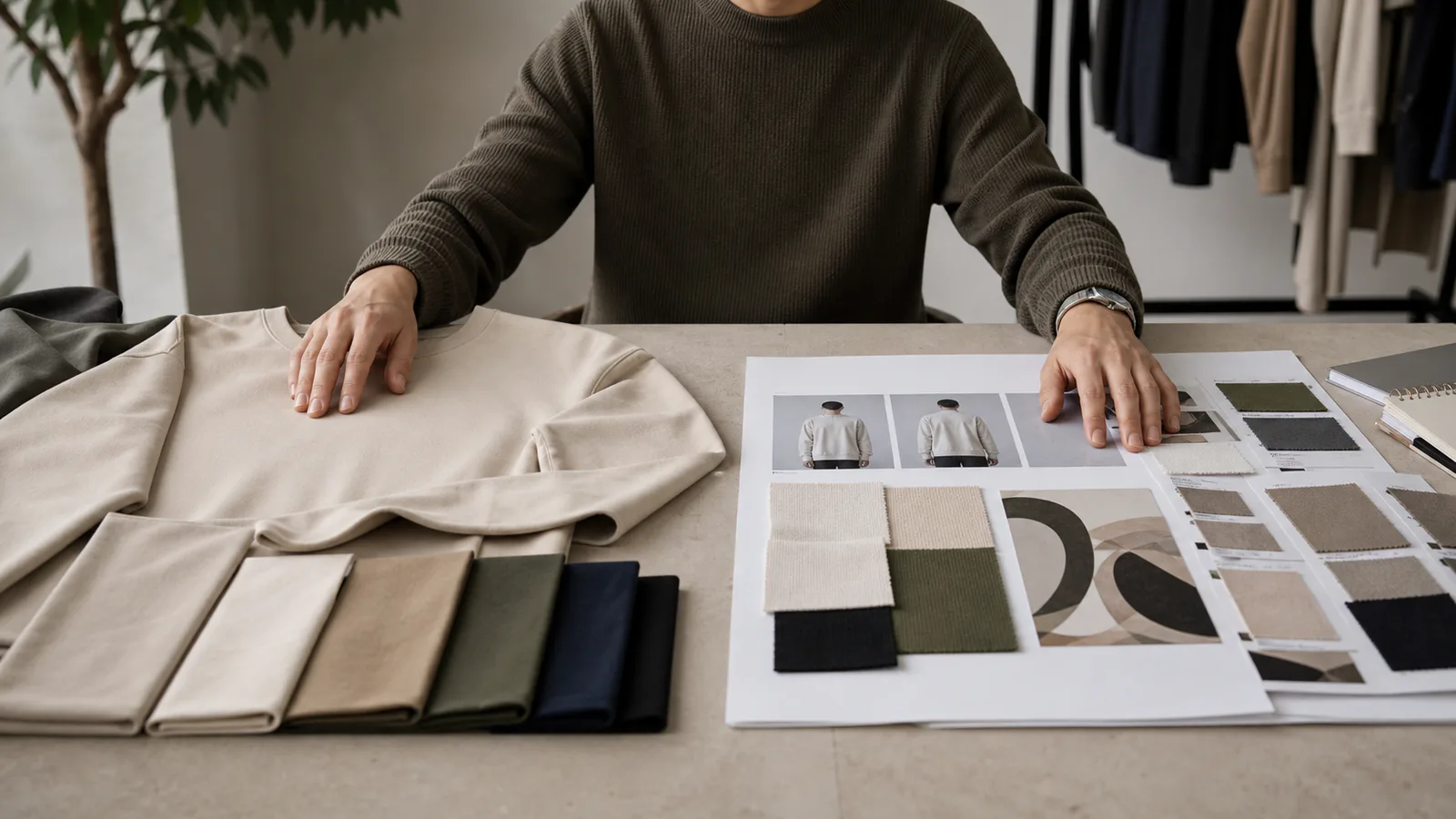 A creator comparing a finished garment path with a reference-led custom brief