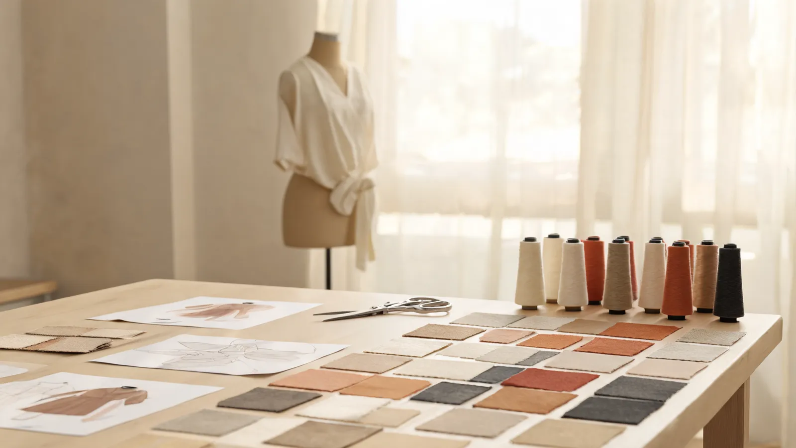 A tidy guided desk beside a fully equipped studio workbench with tools spread out