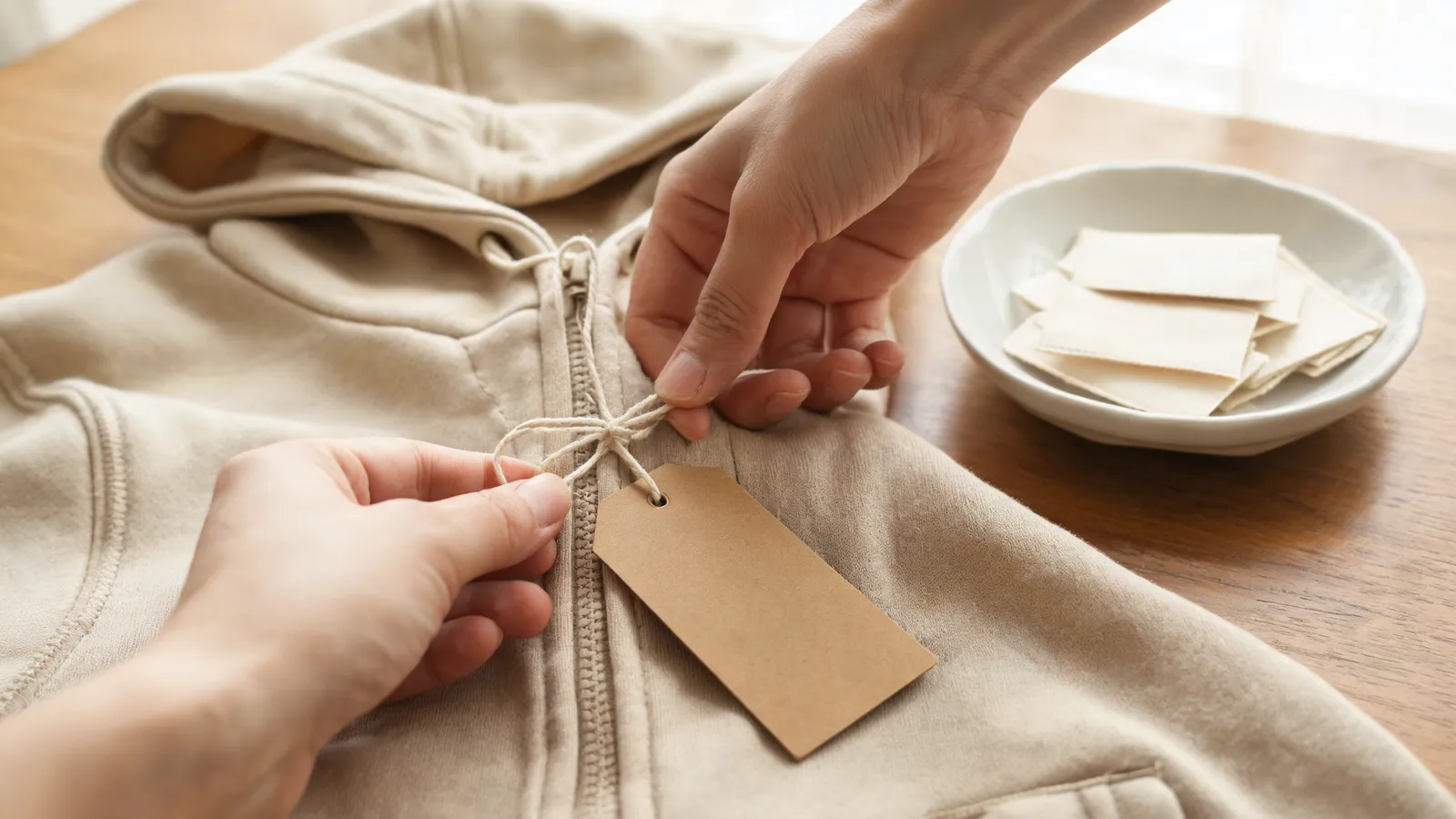 Tying a blank hang tag onto a garment seam beside a dish of woven labels