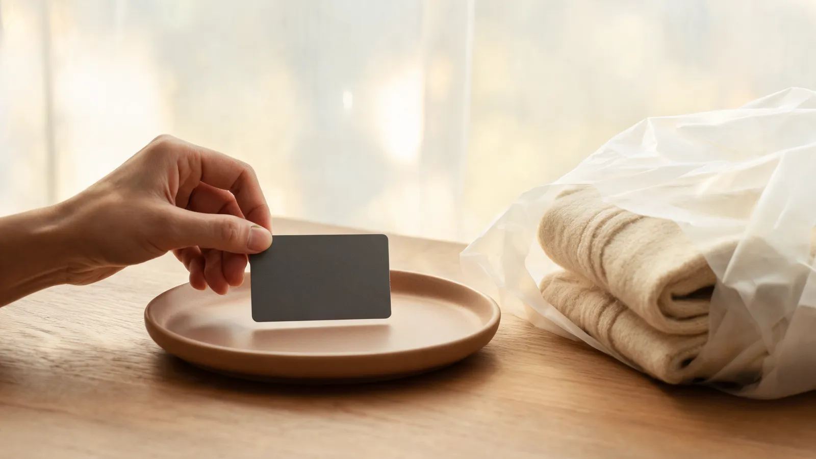 A payment card placed on a ceramic tray beside a folded garment on a wooden desk